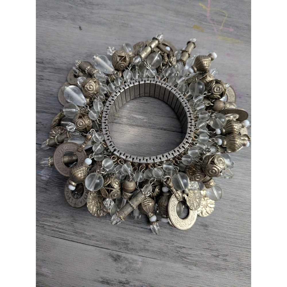 Vintage Silver Tone Coin and Glass Bead Stretch Charm Bracelet Boho Statement